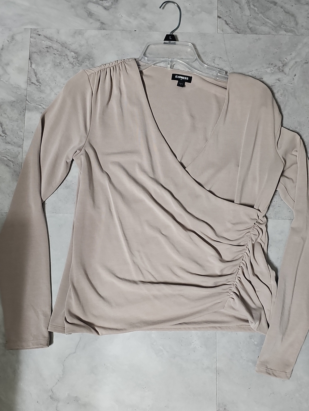 Express Taupe Ruched Wrap-Style Long Sleeve Top
